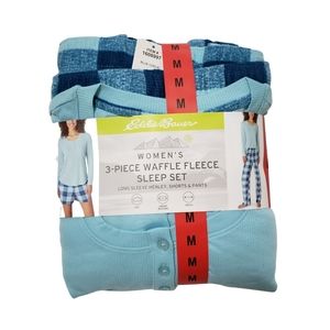 Eddie Bauer Pajama Set Women Blue 3-Piece Waffle Fleece NWT